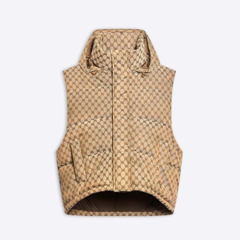 Balenciaga Men Hacker Cocoon Puffer Gilet in Brown Canvas Jacquard