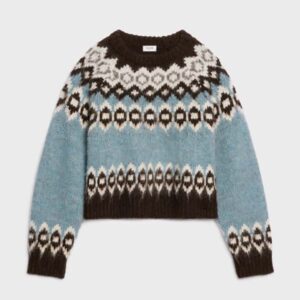 Celine Women Brushed Wool Crew-Neck Sweater with Fair Isle Detail