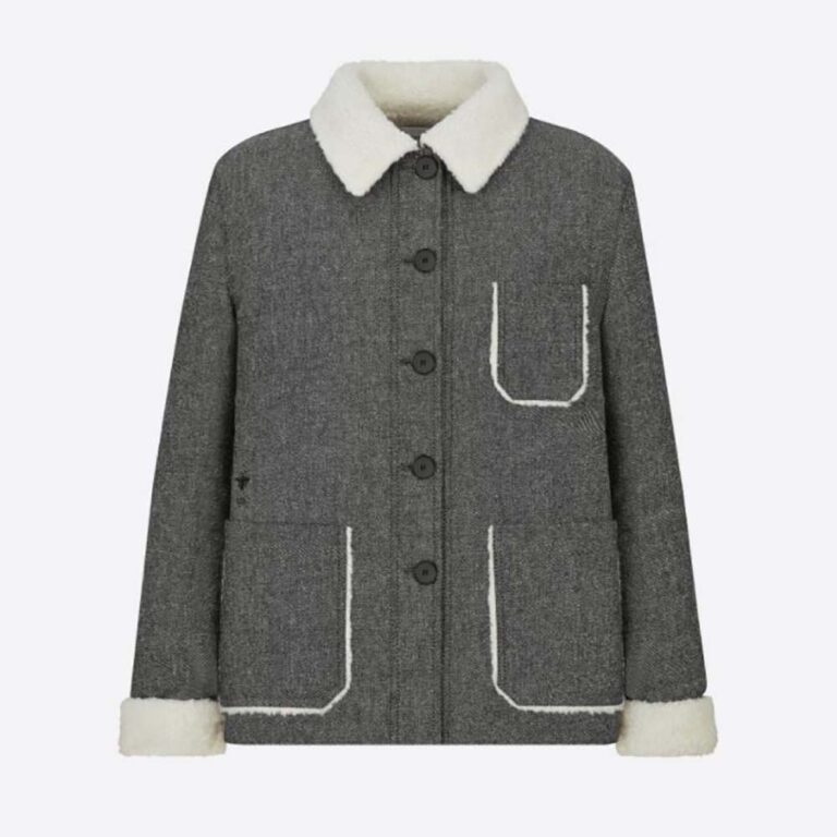 Dior Women Faux-Shearling Caro Jacket Gray Technical Cotton Drill