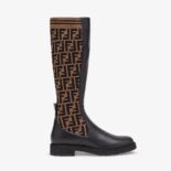 Fendi Women Rockoko Black Leather Ankle Boots with Stretch Fabric
