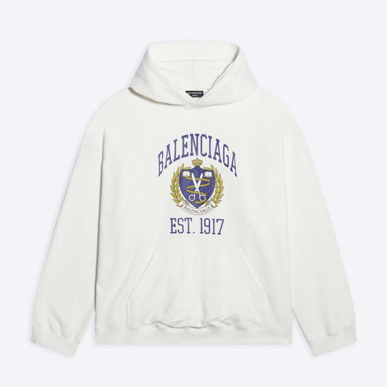 Balenciaga Men College Wide Fit Hoodie in off-white and Dark Blue Medium Fleece