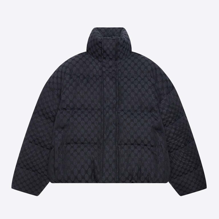 Balenciaga Men Hacker BB Puffer in Black and Dark Grey Canvas Jacquard