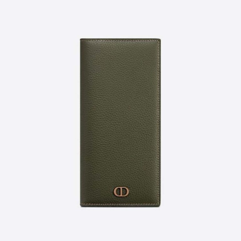 Dior Men Vertical Long Wallet Olive Grained Calfskin with CD Icon Signature