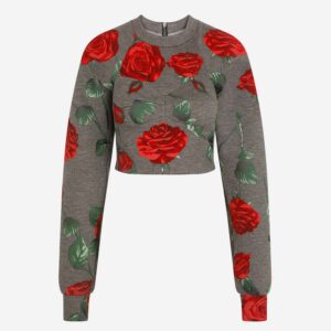 Dolce Gabbana D&G Women Technical Jersey Sweatshirt with Flocked Rose Print and Bustier Details