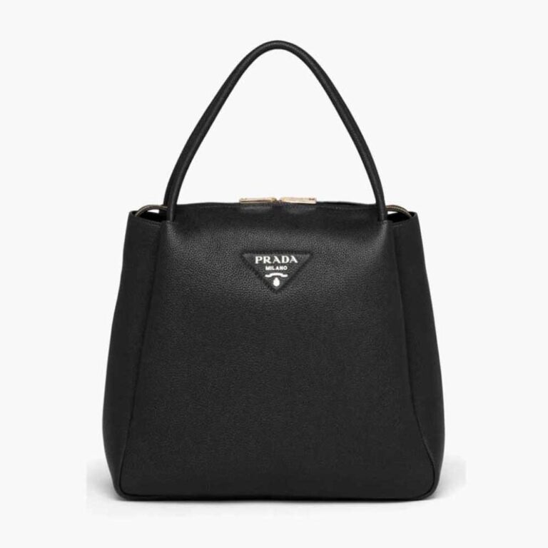 Prada Women Medium Leather handbag with the Prada Metal Lettering Logo Illuminating Its Center