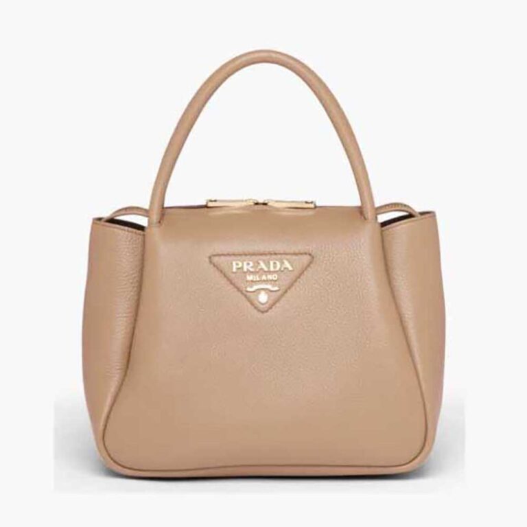 Prada Women Small leather handbag with the Prada Metal Lettering Logo Illuminating Its Center-sandy