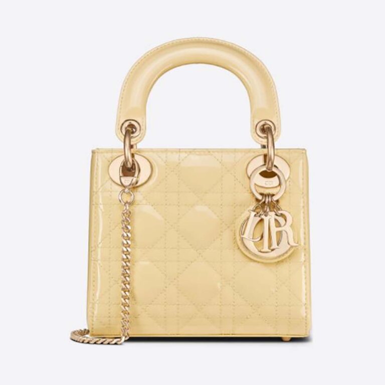 Dior Women Mini Lady Dior Bag Pale Yellow Patent Cannage Calfskin