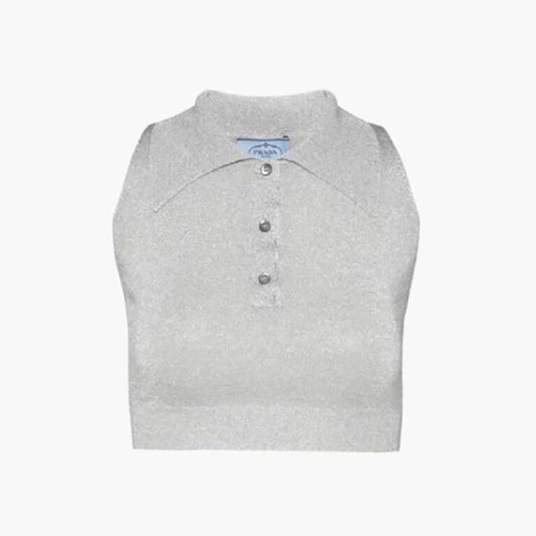 Prada Women Ribbed Knit Lurex Crop Top-Silver