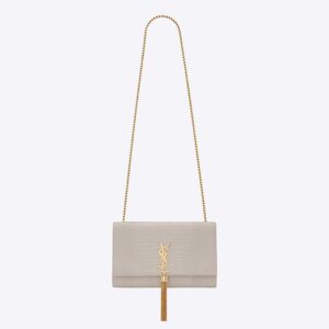 Saint Laurent YSL Women Kate Medium with Tassel in Crocodile-Embossed Shiny Leather-White