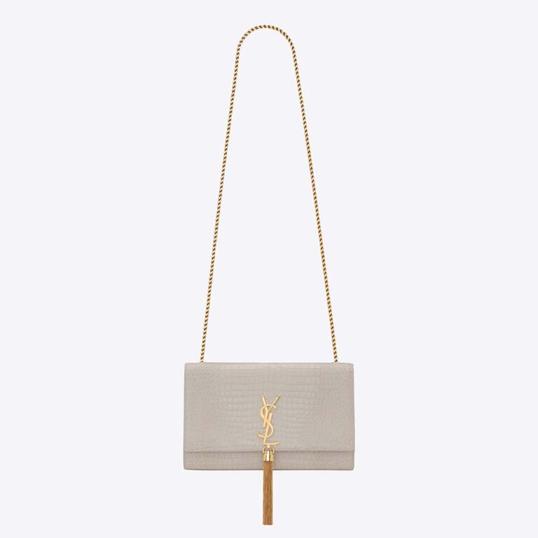 Saint Laurent YSL Women Kate Medium with Tassel in Crocodile-Embossed Shiny Leather-White