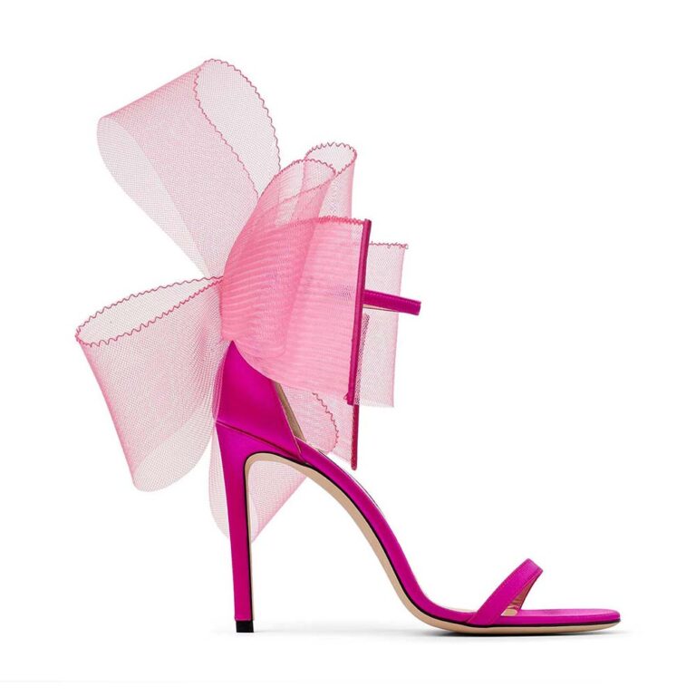 Jimmy Choo Women Aveline 100 Fuchsia Sandals with Asymmetric Grosgrain Mesh Fascinator Bows