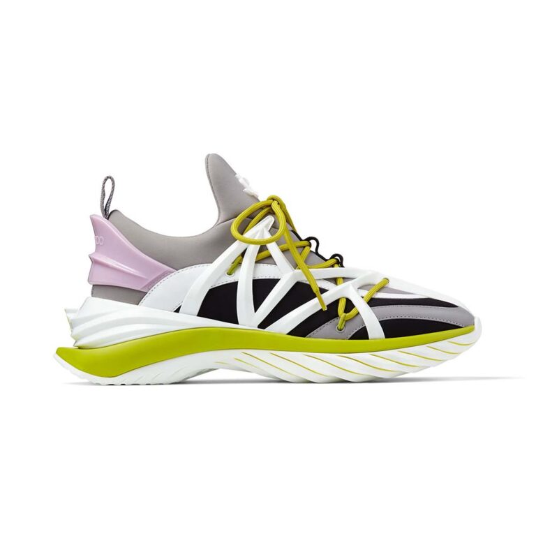 Jimmy Choo Women CosmosF Marl Grey Lime and Pink Leather and Neoprene Low-Top Trainers