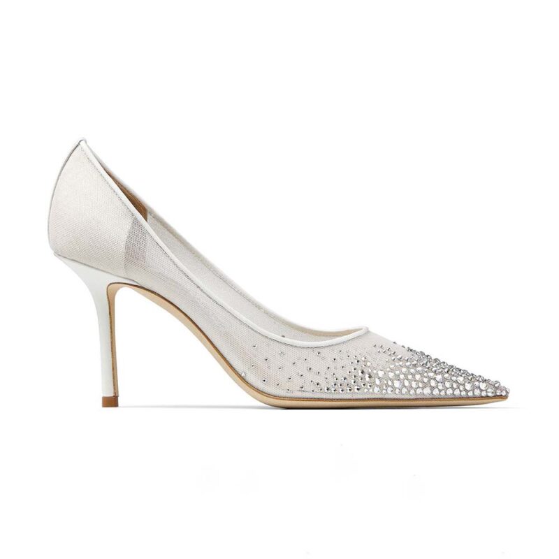 Jimmy Choo Women Love 85 White Mesh Pointed-Toe Pumps with Degrade Crystals