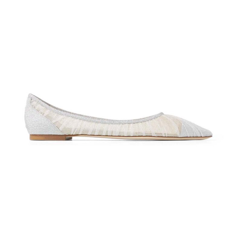 Jimmy Choo Women Love Flat Metallic Silver Glitter Fabric Flats
