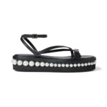 Jimmy Choo Women Pine Flat Black Vachetta Leather Platform Sandals with Pearl Embellishment