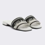 Prada Women Embroidered Fabric Slides With Embroidered Lettering Logo-White