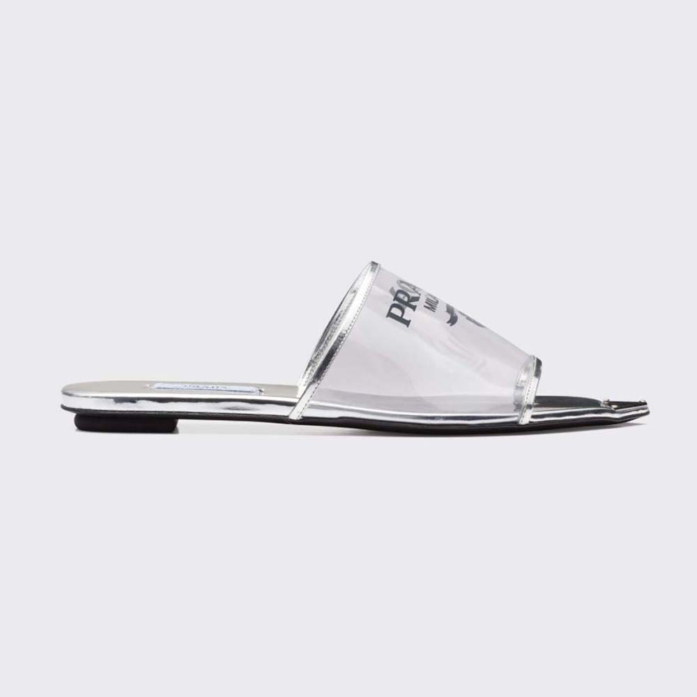 Prada Women Logo-Print Plexiglas Slides-Silver (1) Prada Women Logo-Print Plexiglas Slides-Silver
