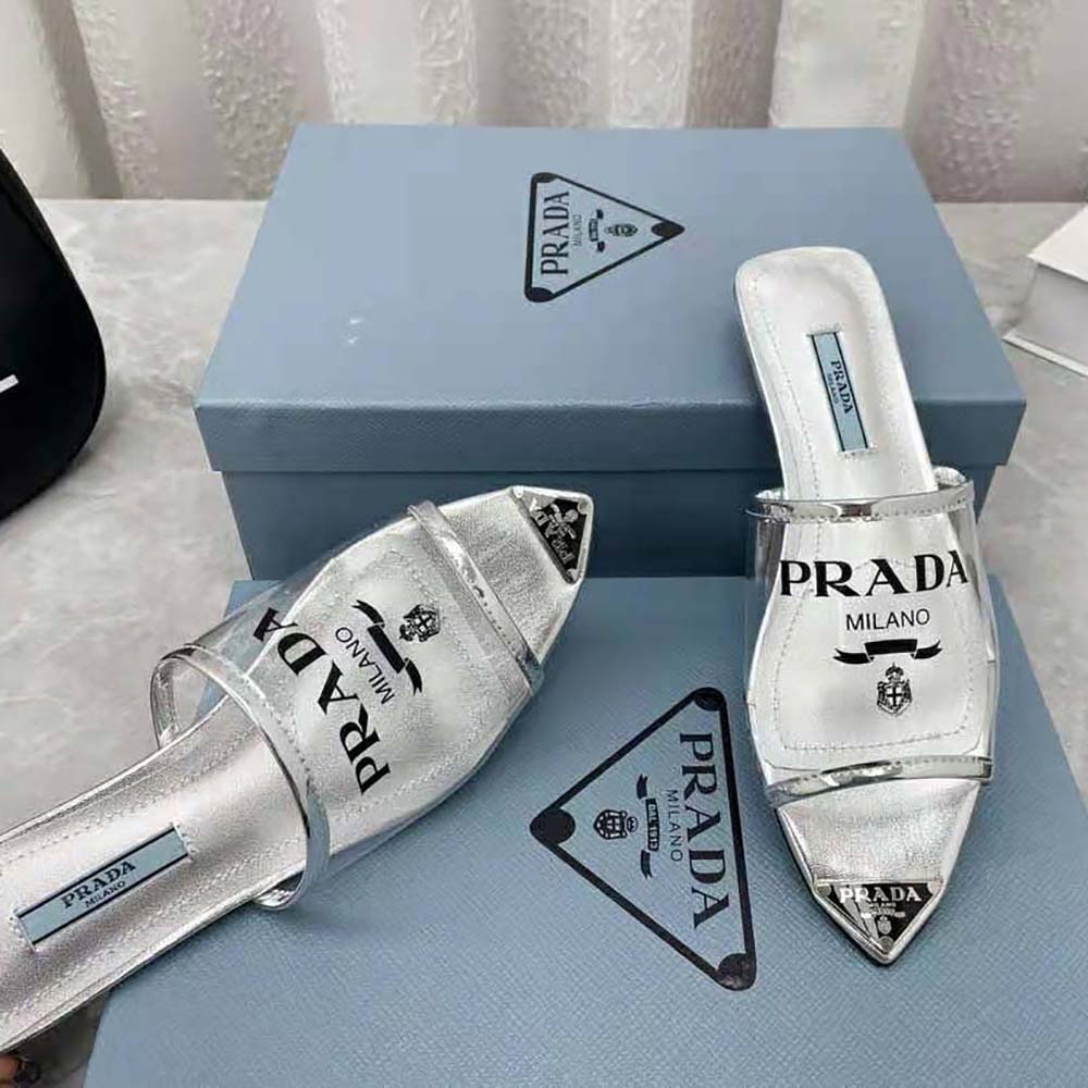 Prada Women Logo-Print Plexiglas Slides-Silver (4)