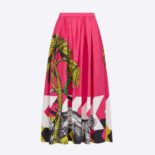 Dior Women Mid-Length Pleated Skirt Pink Cotton Poplin with Multicolor D-Tiger Pop Motif