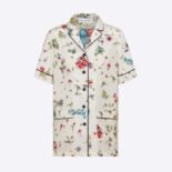 Dior Women Chez Moi Short-Sleeved Shirt White Silk Twill with Multicolor D-Constellation Motif