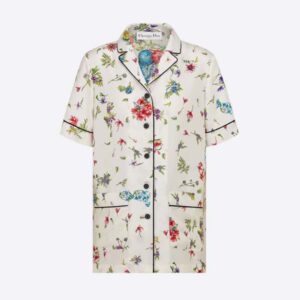 Dior Women Chez Moi Short-Sleeved Shirt White Silk Twill with Multicolor D-Constellation Motif