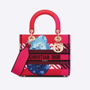 Dior Women Medium Lady D-lite Bag Bright Pink Multicolor D-Flower Pop Embroidery