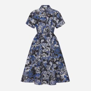 Dior Women Mid-Length Belted Dress Blue Dior Zodiac Fantastico Cotton Poplin