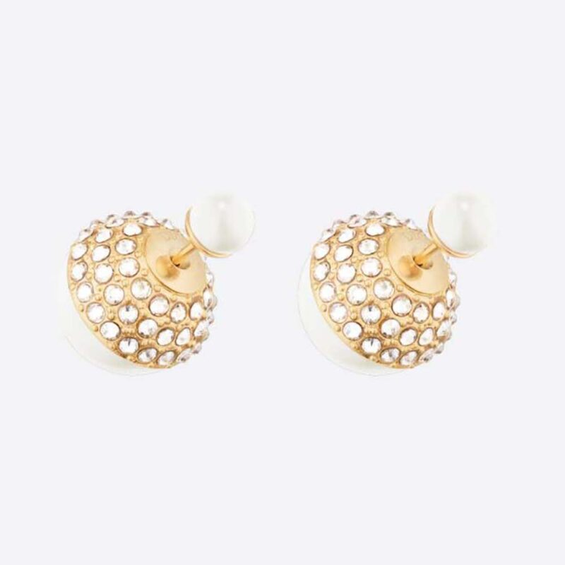 Dior Women Tribales Earrings Gold-Finish Metal with White Resin Pearls and Silver-Tone Crystals