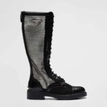 Prada Women Brushed Leather and Mesh Boots-Black