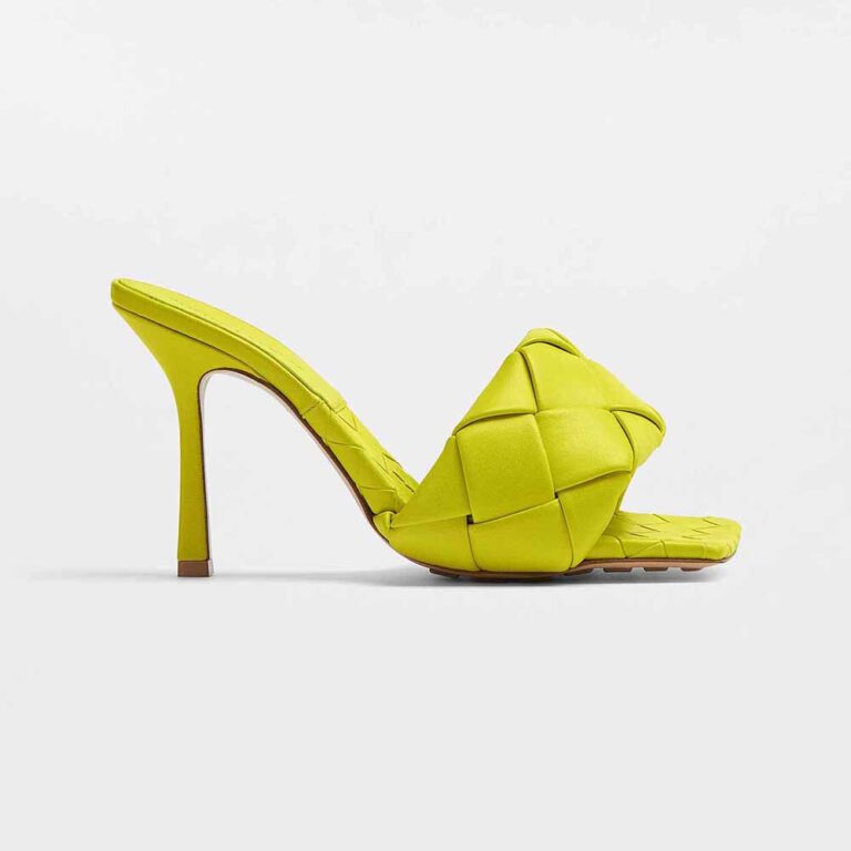 Bottega Veneta Women Lido Lime Intreccio Leather Mules in 9 cm Heel Height