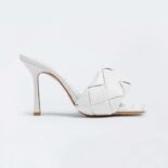 Bottega Veneta Women Lido White Intreccio Leather Mules in 9 cm Heel Height