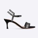 Dior Women Dway Heeled Sandal Black Cotton Embroidered with Thread and Silver-Tone Strass