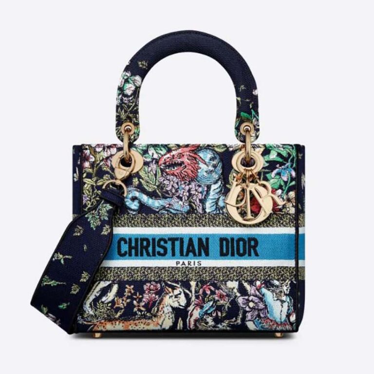 Dior Women Medium Lady D-Lite Bag Blue Multicolor D-Constellation Embroidery