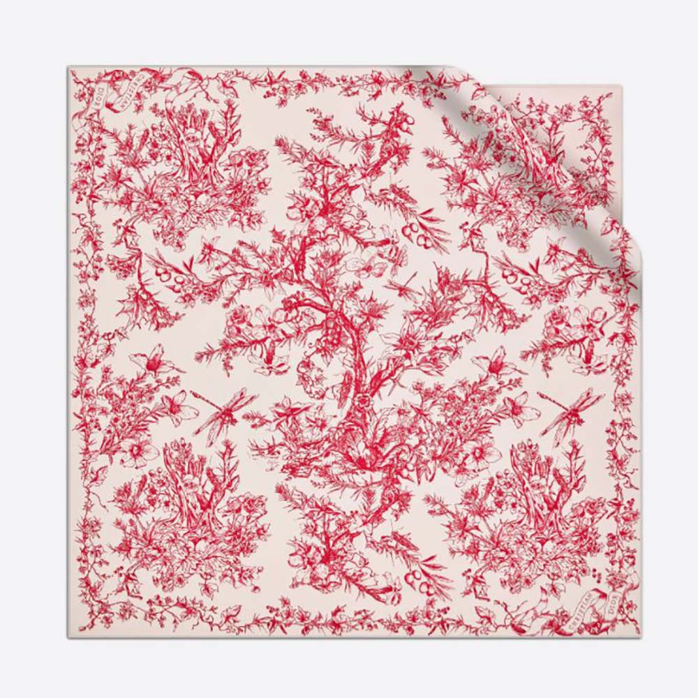 Dior Women Toile De Jouy Flowers Square Scarf Ivory and Red Silk Twill