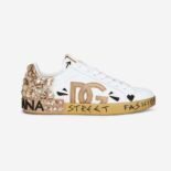 Dolce Gabbana D&G Men Printed Calfskin Nappa Portofino Sneakers with DG Logo and Embroidery-Gold