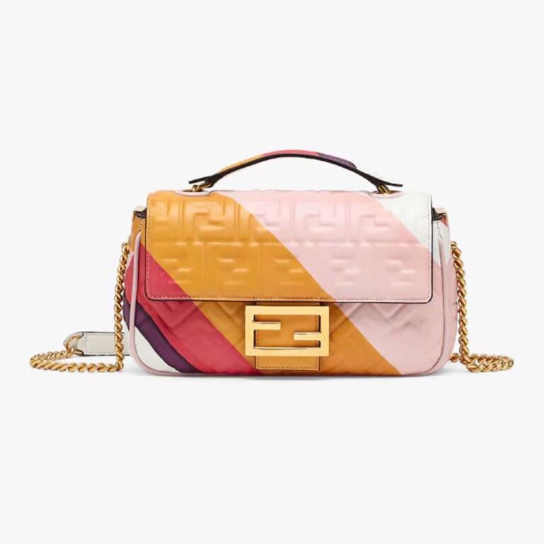 Fendi Women Baguette Chain Midi Leather Bag with Multicolour Print