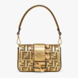 Fendi Women Brooch Mini Baguette Fendace Bag in Gold Perforated Leather