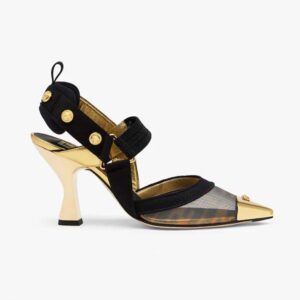Fendi Women Colibrì Fendace High-Heeled Slingbacks in FF Mesh with Medusa Details