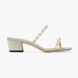 Jimmy Choo Women Amara 45 Champagne Shimmer Suede Mules with Pearl Embellishment