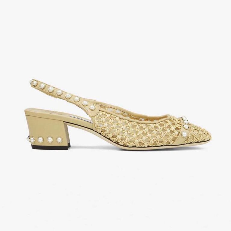 Jimmy Choo Women Hya 45 Barley Woven Raffia Slingbacks with Pearl Studs