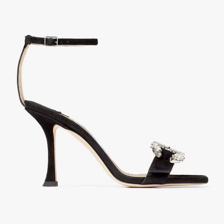Jimmy Choo Women Marsai 90 Black Suede Sandals with Crystal Buckle