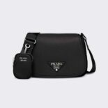 Prada Women Leather Shoulder Bag ​with Metal Lettering Logo-Black