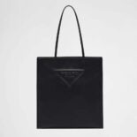Prada Women Leather Tote Bag with Embossed Triangle Logo-Black