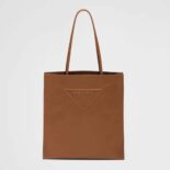 Prada Women Leather Tote Bag with Embossed Triangle Logo-Brown