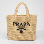 Prada Women Small Raffia Tote Bag-Beige