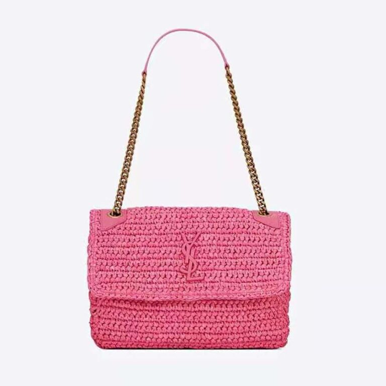 Saint Laurent YSL Women Niki Medium Chain Bag in Raffia and Leather-Pink