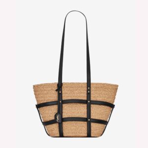 Saint Laurent YSL Women Panier Medium Bag in Natural Raffia and Smooth Leather
