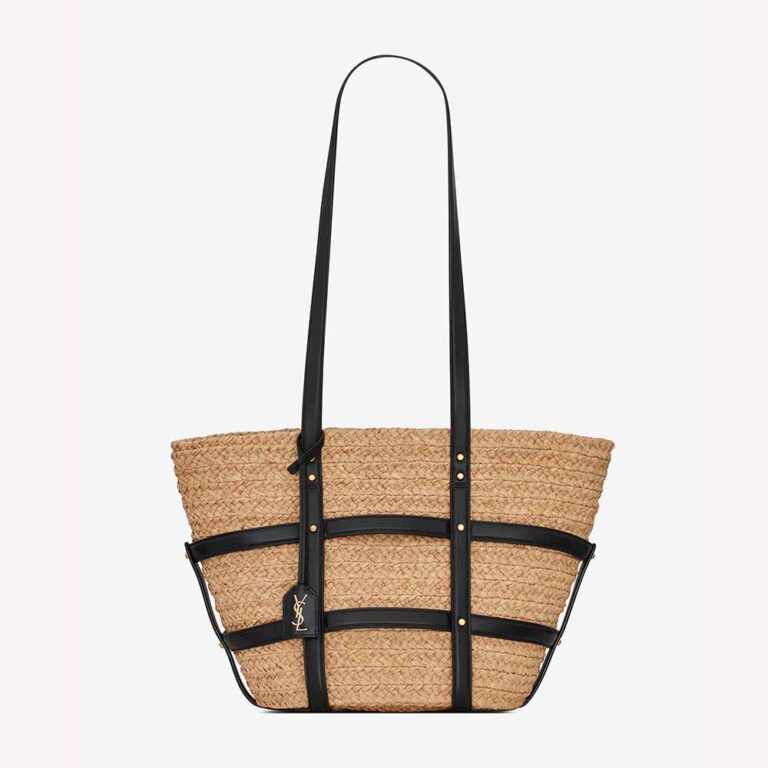 Saint Laurent YSL Women Panier Medium Bag in Natural Raffia and Smooth Leather