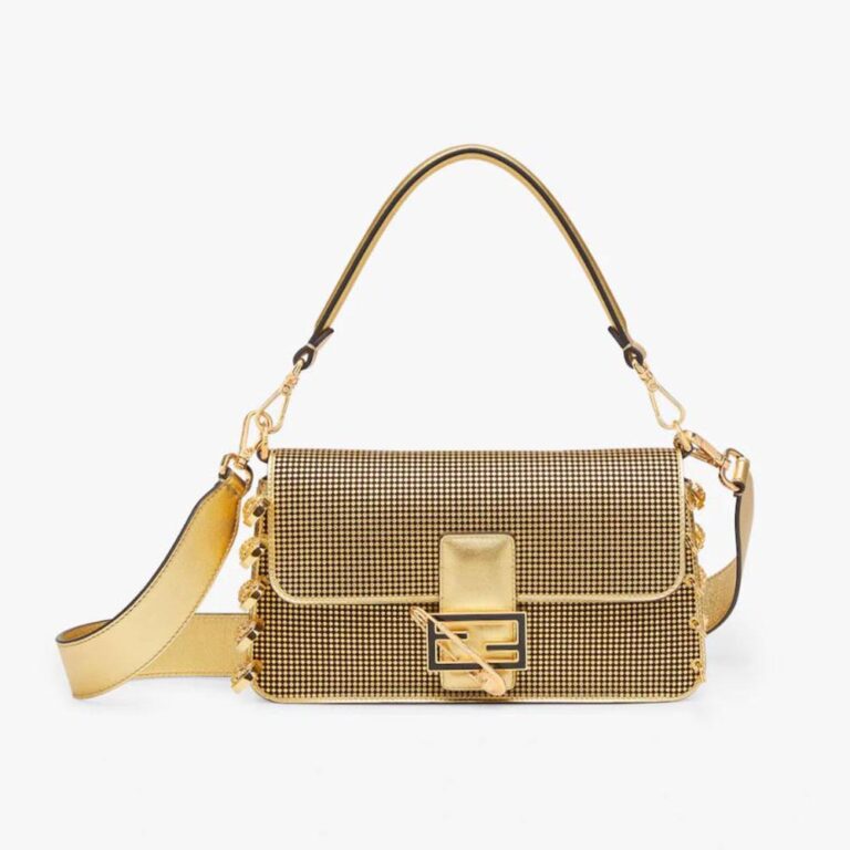 Fendi Women Baguette Brooch Fendace Bag in Gold Perforated Leather