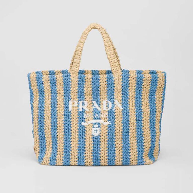 Prada Women Large Raffia Tote Bag with Embroidered Lettering Logo on the Front-Blue